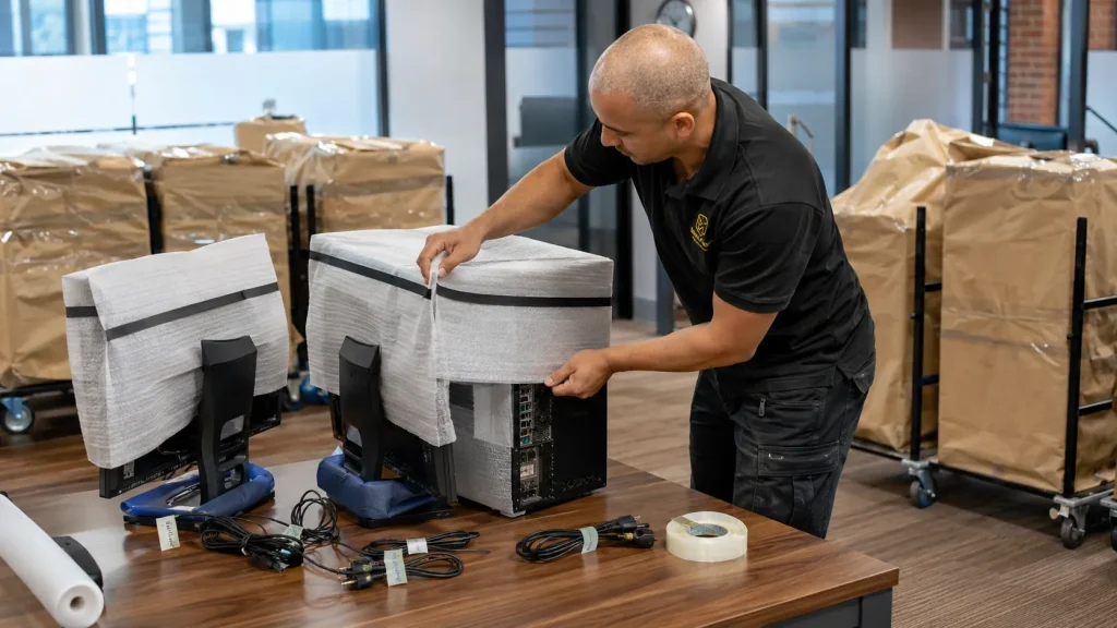 MarioVans team carefully packing office computers and IT equipment for transportation
