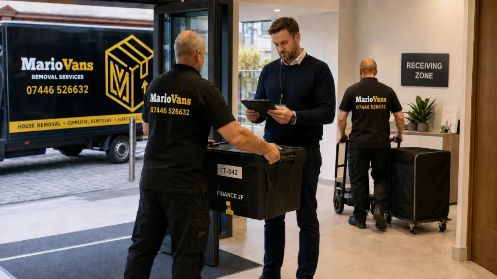 MarioVans handing over a sealed and labelled IT equipment crate while the office move coordinator records its delivery.