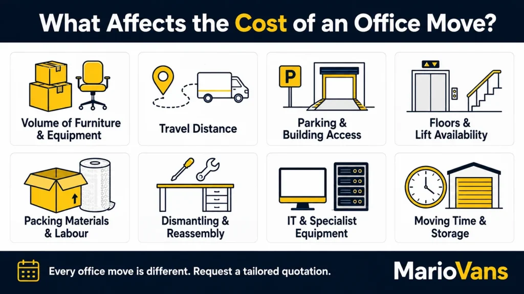 Infographic showing eight factors that affect office moving costs, including volume, distance, access, packing, IT equipment and storage