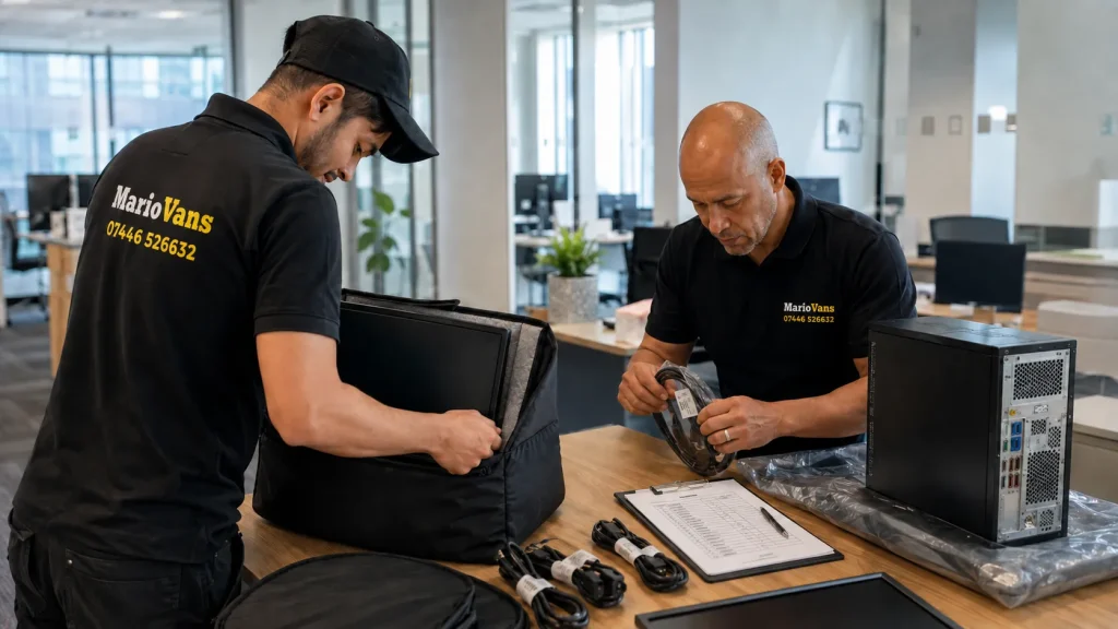 MarioVans team safely packing office monitors, computer equipment and labelled cables before an office move.