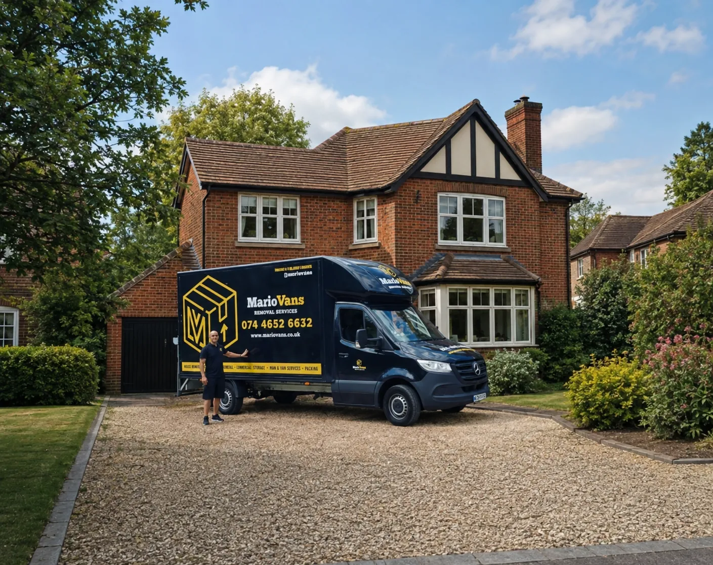 MarioVans Home Removals Bedford MarioVans removal van and team member outside a family home in Bedford