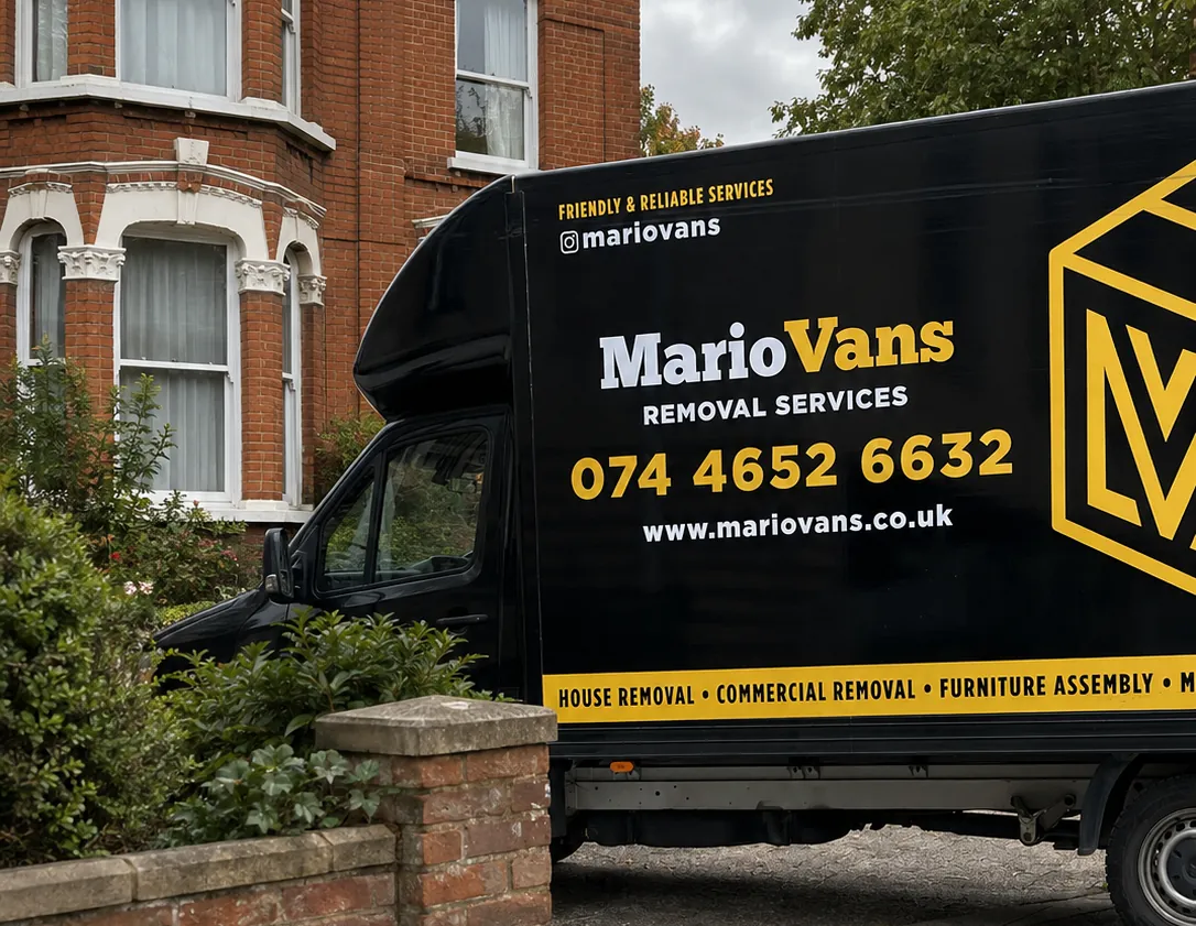 MarioVans removal vehicle outside a Victorian home in Bedford