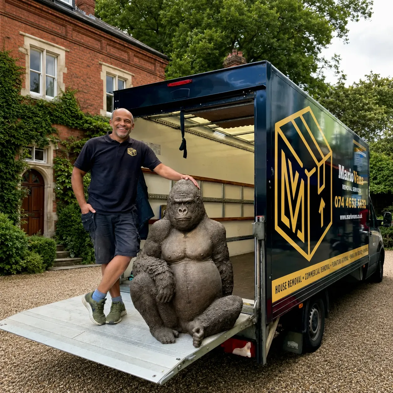 MarioVans collecting a large gorilla sculpture during a Bedford house clearance