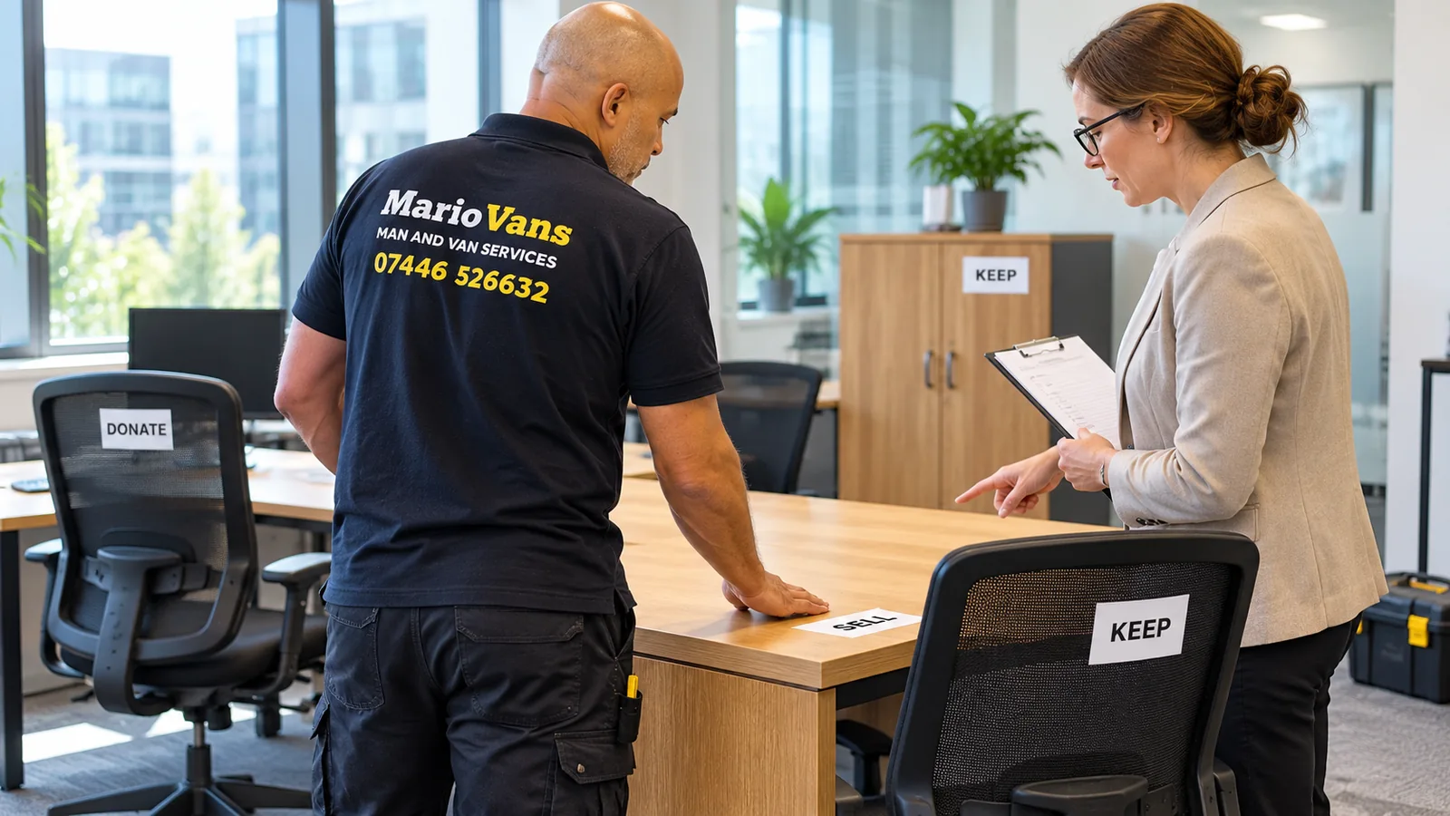 MarioVans worker and office coordinator checking furniture labelled keep, sell and donate