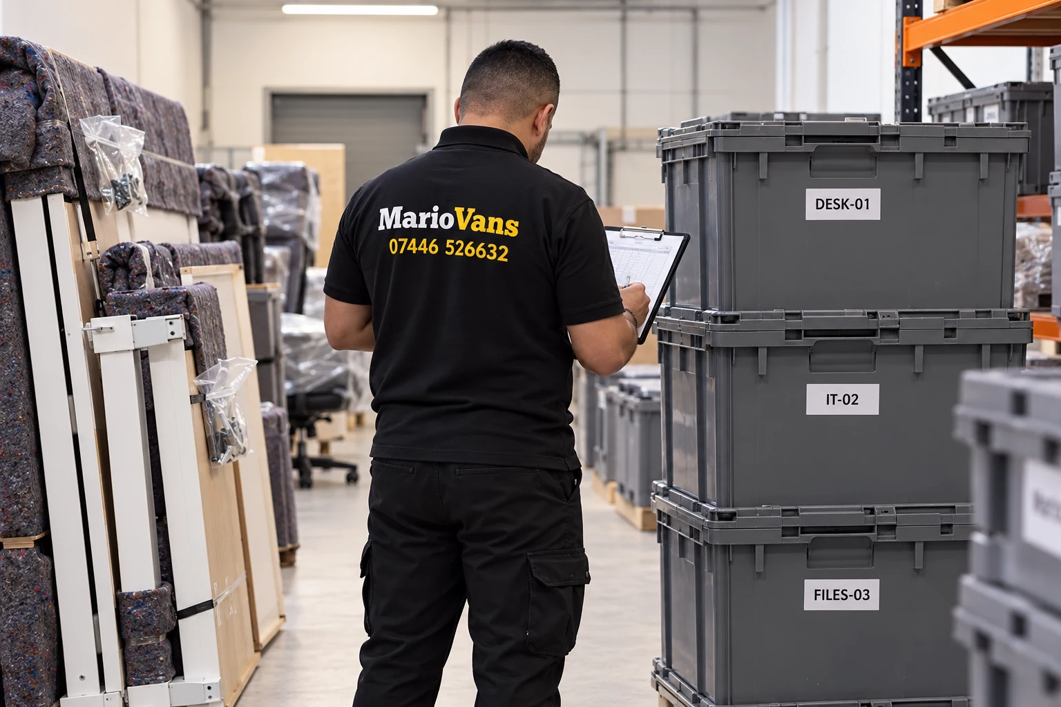 MarioVans mover checking an inventory beside labelled office crates and protected desk panels