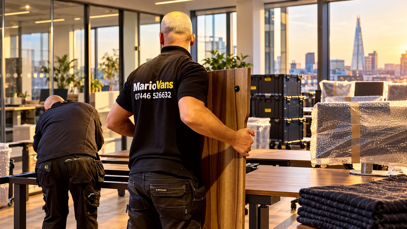 Two MarioVans movers preparing desk panels and protected monitors for an evening office move